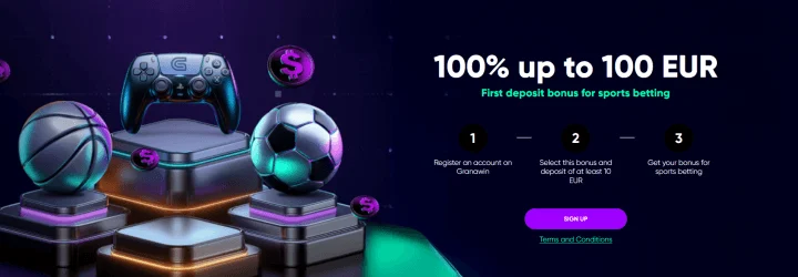 Tela de cadastro e ativação de bônus do Granawin Casino em interface escura com detalhes neon