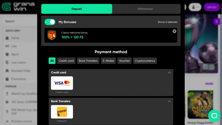 Granawin Casino interface principal com lobby de jogos e destaque para navegação do cassino